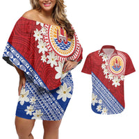 French Polynesia Couples Matching Off Shoulder Short Dress and Hawaiian Shirt Tahitian Tiare Flowers Tribal LT9 Red - Polynesian Pride