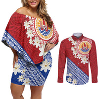 French Polynesia Couples Matching Off Shoulder Short Dress and Long Sleeve Button Shirt Tahitian Tiare Flowers Tribal LT9 Red - Polynesian Pride