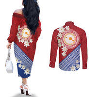 French Polynesia Couples Matching Off The Shoulder Long Sleeve Dress and Long Sleeve Button Shirt Tahitian Tiare Flowers Tribal LT9 - Polynesian Pride