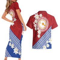 French Polynesia Couples Matching Short Sleeve Bodycon Dress and Hawaiian Shirt Tahitian Tiare Flowers Tribal LT9 - Polynesian Pride