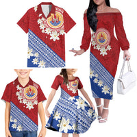 French Polynesia Family Matching Off The Shoulder Long Sleeve Dress and Hawaiian Shirt Tahitian Tiare Flowers Tribal LT9 - Polynesian Pride
