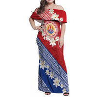 French Polynesia Family Matching Off Shoulder Maxi Dress and Hawaiian Shirt Tahitian Tiare Flowers Tribal LT9 Mom's Dress Red - Polynesian Pride