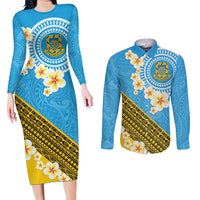 Tuvalu Plumeria Flowers Couples Matching Long Sleeve Bodycon Dress and Long Sleeve Button Shirt Polynesian Tribal Pattern LT9 Blue - Polynesian Pride
