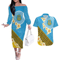 Tuvalu Plumeria Flowers Couples Matching Off The Shoulder Long Sleeve Dress and Hawaiian Shirt Polynesian Tribal Pattern LT9 Blue - Polynesian Pride