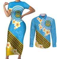 Tuvalu Plumeria Flowers Couples Matching Short Sleeve Bodycon Dress and Long Sleeve Button Shirt Polynesian Tribal Pattern LT9 Blue - Polynesian Pride