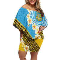 Tuvalu Plumeria Flowers Family Matching Off Shoulder Short Dress and Hawaiian Shirt Polynesian Tribal Pattern LT9 Mom's Dress Blue - Polynesian Pride