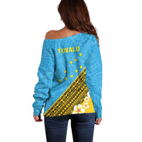 Tuvalu Plumeria Flowers Off Shoulder Sweater Polynesian Tribal Pattern