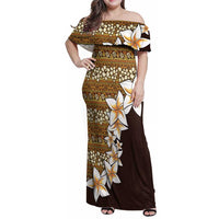 Vintage Hibiscus Turtle Pattern Family Matching Off Shoulder Maxi Dress and Hawaiian Shirt with Plumeria Half Style LT9 Mom's Dress Gold - Polynesian Pride