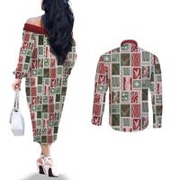 Mele Kalikimaka Hawaiian Quilt and Lei Patchwork Couples Matching Off The Shoulder Long Sleeve Dress and Long Sleeve Button Shirt LT9 - Polynesian Pride
