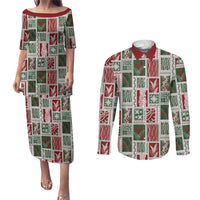 Mele Kalikimaka Hawaiian Quilt and Lei Patchwork Couples Matching Puletasi and Long Sleeve Button Shirt - Polynesian Pride