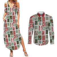Mele Kalikimaka Hawaiian Quilt and Lei Patchwork Couples Matching Summer Maxi Dress and Long Sleeve Button Shirt - Polynesian Pride