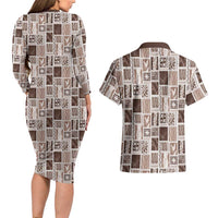 Vintage Aloha Block Quilt Couples Matching Long Sleeve Bodycon Dress and Hawaiian Shirt Beige Inspired Lei Motifs LT9 - Polynesian Pride