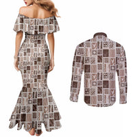 Vintage Aloha Block Quilt Couples Matching Mermaid Dress and Long Sleeve Button Shirt Beige Inspired Lei Motifs LT9 - Polynesian Pride