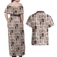 Vintage Aloha Block Quilt Couples Matching Off Shoulder Maxi Dress and Hawaiian Shirt Beige Inspired Lei Motifs LT9 - Polynesian Pride