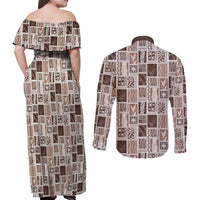 Vintage Aloha Block Quilt Couples Matching Off Shoulder Maxi Dress and Long Sleeve Button Shirt Beige Inspired Lei Motifs LT9 - Polynesian Pride