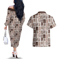 Vintage Aloha Block Quilt Couples Matching Off The Shoulder Long Sleeve Dress and Hawaiian Shirt Beige Inspired Lei Motifs LT9 - Polynesian Pride