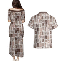 Vintage Aloha Block Quilt Couples Matching Puletasi and Hawaiian Shirt Beige Inspired Lei Motifs LT9 - Polynesian Pride