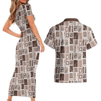 Vintage Aloha Block Quilt Couples Matching Short Sleeve Bodycon Dress and Hawaiian Shirt Beige Inspired Lei Motifs LT9 - Polynesian Pride