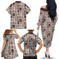 Vintage Aloha Block Quilt Family Matching Off The Shoulder Long Sleeve Dress and Hawaiian Shirt Beige Inspired Lei Motifs LT9 - Polynesian Pride