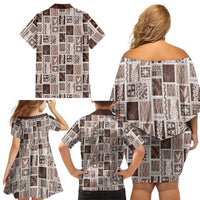 Vintage Aloha Block Quilt Family Matching Off Shoulder Short Dress and Hawaiian Shirt Beige Inspired Lei Motifs LT9 - Polynesian Pride