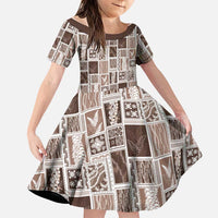 Vintage Aloha Block Quilt Family Matching Short Sleeve Bodycon Dress and Hawaiian Shirt Beige Inspired Lei Motifs LT9 Daughter's Dress Beige - Polynesian Pride