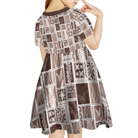 Vintage Aloha Block Quilt Kid Short Sleeve Dress Beige Inspired Lei Motifs - Polynesian Pride