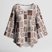 Vintage Aloha Block Quilt Kimono Sleeve Blouse Beige Inspired Lei Motifs - Polynesian Pride