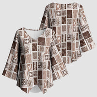 Vintage Aloha Block Quilt Kimono Sleeve Blouse Beige Inspired Lei Motifs - Polynesian Pride