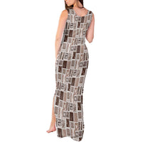 Vintage Aloha Block Quilt Tank Maxi Dress Beige Inspired Lei Motifs LT9 - Polynesian Pride