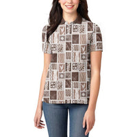 Vintage Aloha Block Quilt Women Polo Shirt Beige Inspired Lei Motifs LT9 - Polynesian Pride