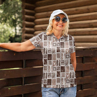 Vintage Aloha Block Quilt Women Polo Shirt Beige Inspired Lei Motifs LT9 - Polynesian Pride