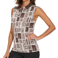 Vintage Aloha Block Quilt Women Sleeveless Polo Shirt Beige Inspired Lei Motifs LT9 - Polynesian Pride
