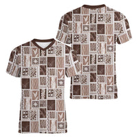 Vintage Aloha Block Quilt Women V-Neck T-Shirt Beige Inspired Lei Motifs LT9 - Polynesian Pride