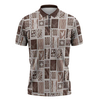 Vintage Aloha Block Quilt Zipper Polo Shirt Beige Inspired Lei Motifs - Polynesian Pride