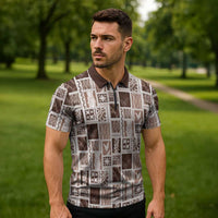 Vintage Aloha Block Quilt Zipper Polo Shirt Beige Inspired Lei Motifs - Polynesian Pride