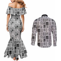 Vintage Aloha Block Quilt Couples Matching Mermaid Dress and Long Sleeve Button Shirt Black Inspired Lei Motifs LT9 - Polynesian Pride