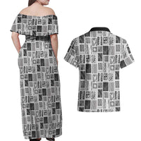 Vintage Aloha Block Quilt Couples Matching Off Shoulder Maxi Dress and Hawaiian Shirt Black Inspired Lei Motifs LT9 - Polynesian Pride