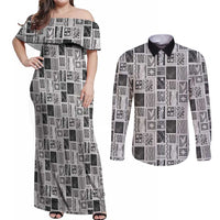 Vintage Aloha Block Quilt Couples Matching Off Shoulder Maxi Dress and Long Sleeve Button Shirt Black Inspired Lei Motifs LT9 Black - Polynesian Pride