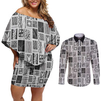 Vintage Aloha Block Quilt Couples Matching Off Shoulder Short Dress and Long Sleeve Button Shirt Black Inspired Lei Motifs LT9 Black - Polynesian Pride