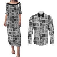 Vintage Aloha Block Quilt Couples Matching Puletasi and Long Sleeve Button Shirt Black Inspired Lei Motifs LT9 Black - Polynesian Pride