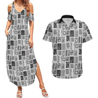 Vintage Aloha Block Quilt Couples Matching Summer Maxi Dress and Hawaiian Shirt Black Inspired Lei Motifs LT9 Black - Polynesian Pride