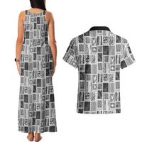 Vintage Aloha Block Quilt Couples Matching Tank Maxi Dress and Hawaiian Shirt Black Inspired Lei Motifs LT9 - Polynesian Pride