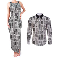 Vintage Aloha Block Quilt Couples Matching Tank Maxi Dress and Long Sleeve Button Shirt Black Inspired Lei Motifs LT9 Black - Polynesian Pride