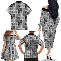 Vintage Aloha Block Quilt Family Matching Off The Shoulder Long Sleeve Dress and Hawaiian Shirt Black Inspired Lei Motifs LT9 - Polynesian Pride