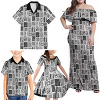 Vintage Aloha Block Quilt Family Matching Off Shoulder Maxi Dress and Hawaiian Shirt Black Inspired Lei Motifs LT9 - Polynesian Pride