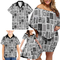 Vintage Aloha Block Quilt Family Matching Off Shoulder Short Dress and Hawaiian Shirt Black Inspired Lei Motifs LT9 - Polynesian Pride