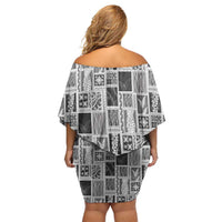 Vintage Aloha Block Quilt Family Matching Off Shoulder Short Dress and Hawaiian Shirt Black Inspired Lei Motifs LT9 - Polynesian Pride