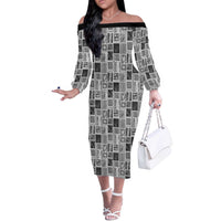 Vintage Aloha Block Quilt Off The Shoulder Long Sleeve Dress Black Inspired Lei Motifs LT9 Women Black - Polynesian Pride