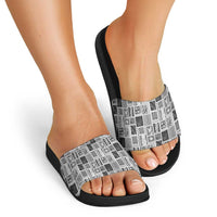 Vintage Aloha Block Quilt Slide Sandals Black Inspired Lei Motifs - Polynesian Pride