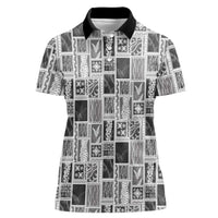 Vintage Aloha Block Quilt Women Polo Shirt Black Inspired Lei Motifs LT9 Female Black - Polynesian Pride